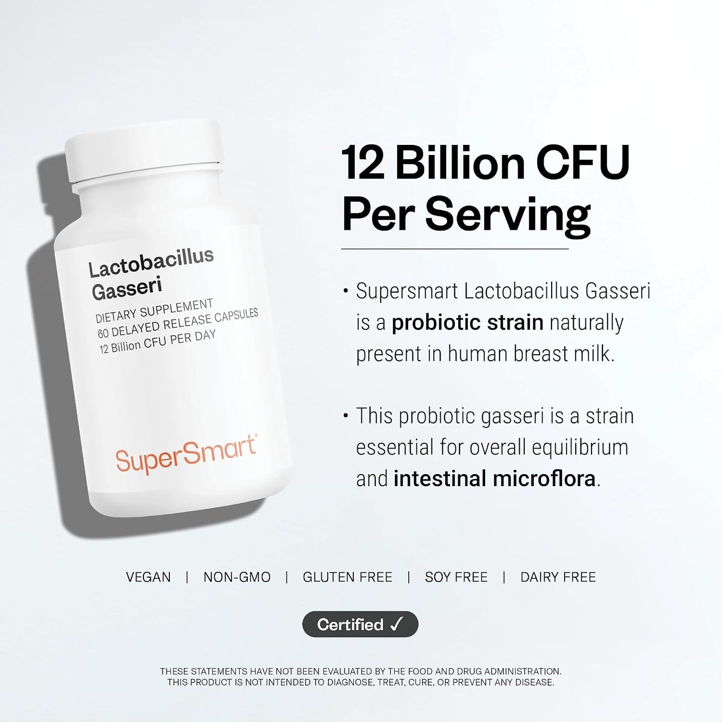 Supersmart - Lactobacillus Gasseri 12 Billion CFU per Day - Probiotic Supplement | Non-GMO & Gluten Free - 60 DR Capsules (Delayed Release)