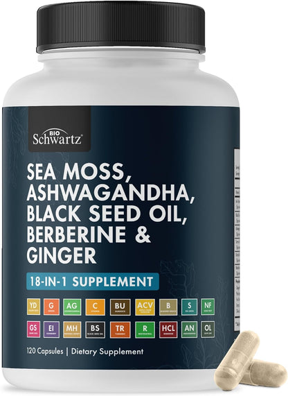 Sea Moss Black Seed Oil Ashwagandha Ginger - 120 Sea Moss Capsules