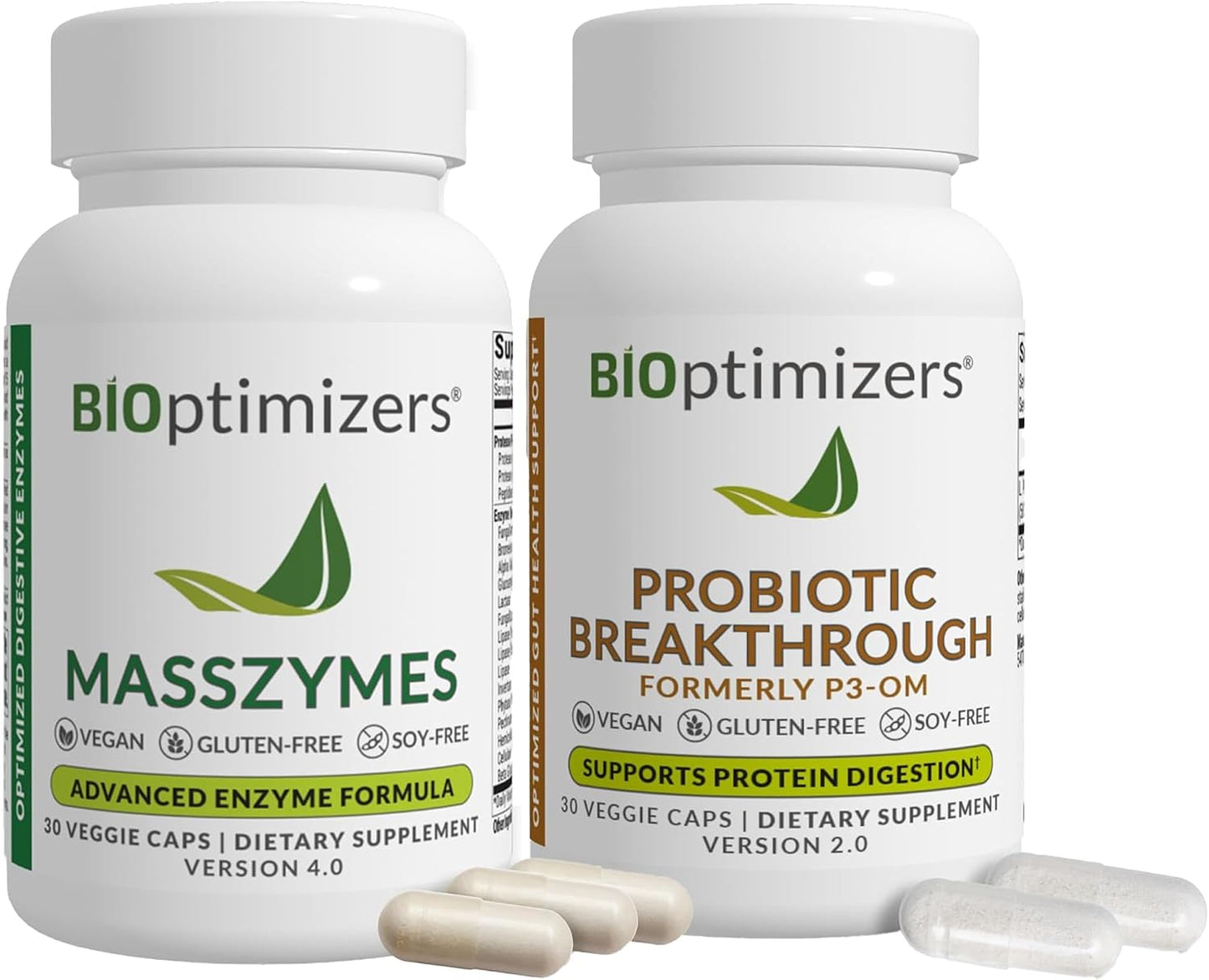 BiOptimizers Digestive Health Bundle – MassZymes Enzymes & Probiotic Breakthrough with Prebiotics – Max Nutrient Absorption, Gut & Immune Support – Energy, Recovery & Clarity – 60 Vegan Capsules