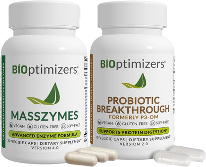 BiOptimizers Digestive Health Bundle – MassZymes Enzymes & Probiotic Breakthrough with Prebiotics – Max Nutrient Absorption, Gut & Immune Support – Energy, Recovery & Clarity – 60 Vegan Capsules