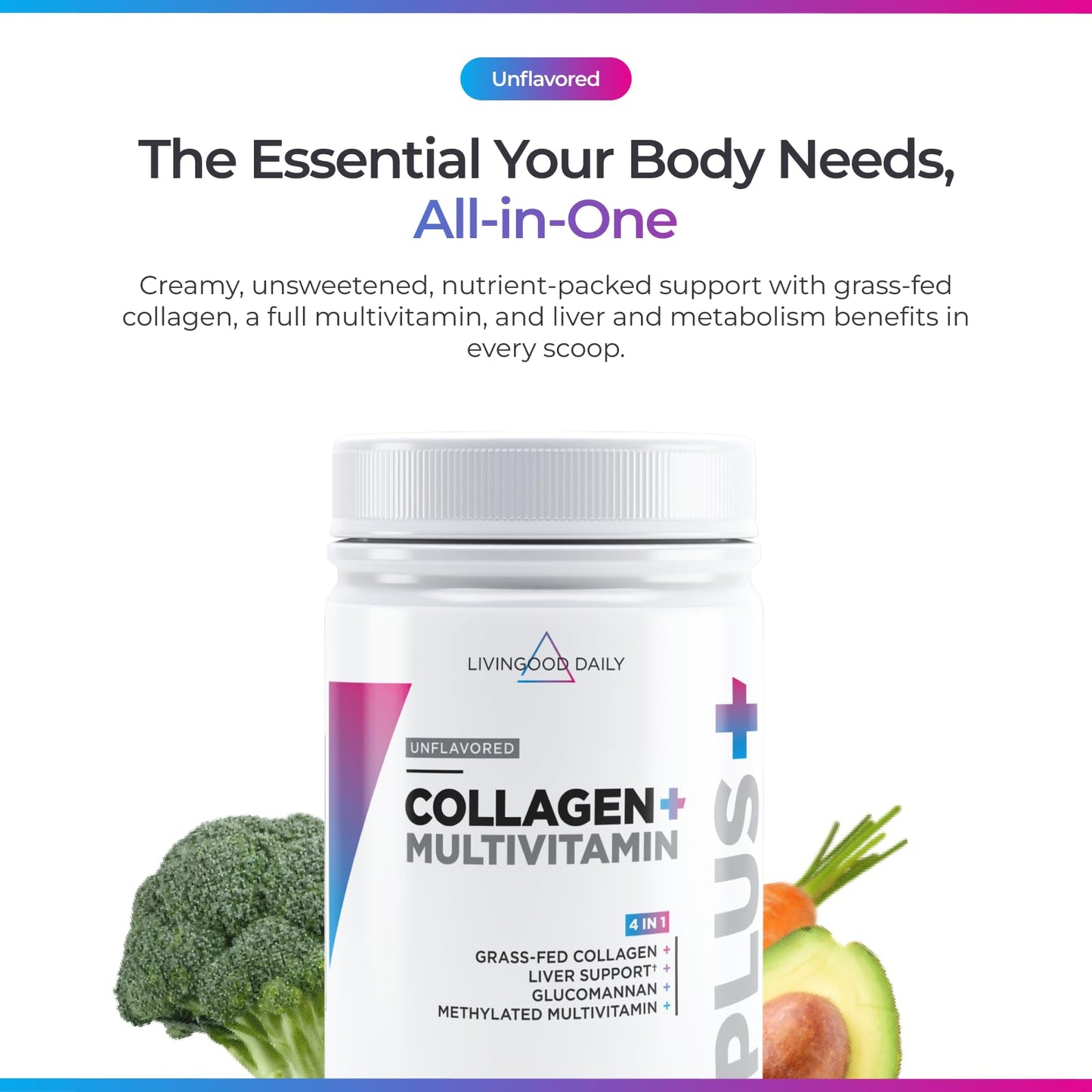 Livingood Daily Collagen Powder for Women and Men, Vanilla, Grass Fed Protein, Hydrolyzed Collagen Peptides with Vitamin C & Multi Vitamins for Hair, Skin, Nail & Gut Health, Gluten Free, 30 Servings