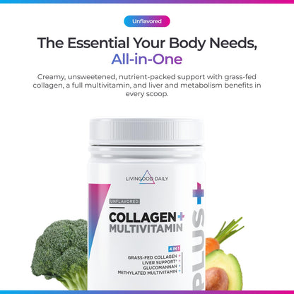 Livingood Daily Collagen Powder for Women and Men, Vanilla, Grass Fed Protein, Hydrolyzed Collagen Peptides with Vitamin C & Multi Vitamins for Hair, Skin, Nail & Gut Health, Gluten Free, 30 Servings