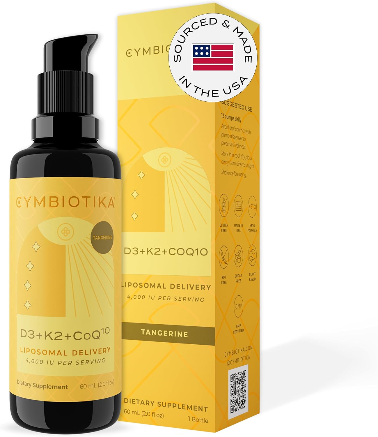 CYMBIOTIKA Vitamin D3 K2 + CoQ10 for Immune, Heart & Bone Support | Plant-based D3 with K2 & CoQ10 for immune, heart & bone health. Liposomal delivery. Vegan, keto. Tangerine, liquid bottle.