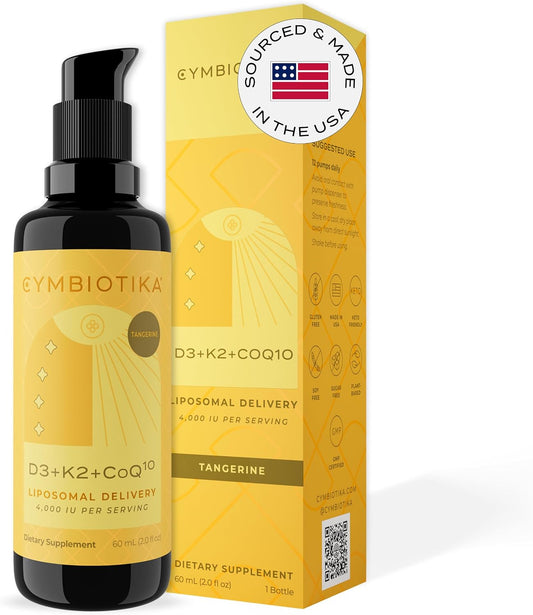 CYMBIOTIKA Vitamin D3 K2 + CoQ10 for Immune, Heart & Bone Support | Plant-based D3 with K2 & CoQ10 for immune, heart & bone health. Liposomal delivery. Vegan, keto. Tangerine, liquid bottle.