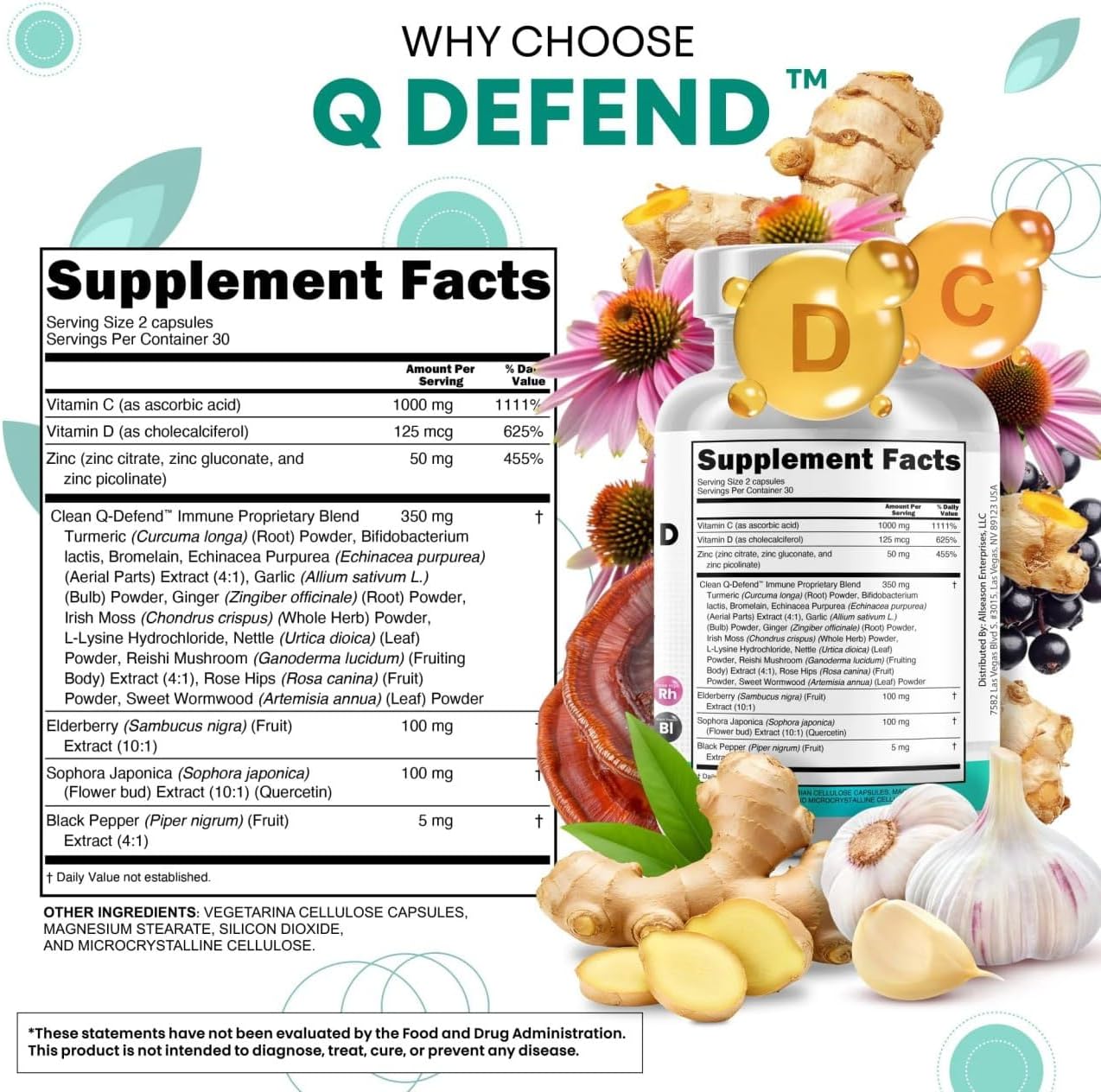 Q Defend Quercetin Supplement with Zinc Vitamin C Vitamin D Elderberry Turmeric Black Pepper Garlic Ginger Sea Moss Lysine Stinging Nettle Reishi Mushroom Immune Support 60 Capsules