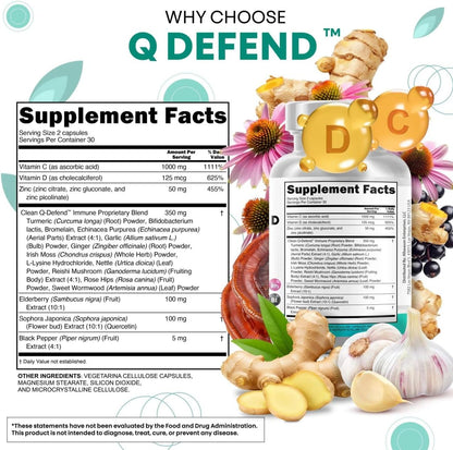Q Defend Quercetin Supplement with Zinc Vitamin C Vitamin D Elderberry Turmeric Black Pepper Garlic Ginger Sea Moss Lysine Stinging Nettle Reishi Mushroom Immune Support 60 Capsules