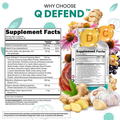 Q Defend Quercetin Supplement with Zinc Vitamin C Vitamin D Elderberry Turmeric Black Pepper Garlic Ginger Sea Moss Lysine Stinging Nettle Reishi Mushroom Immune Support 60 Capsules