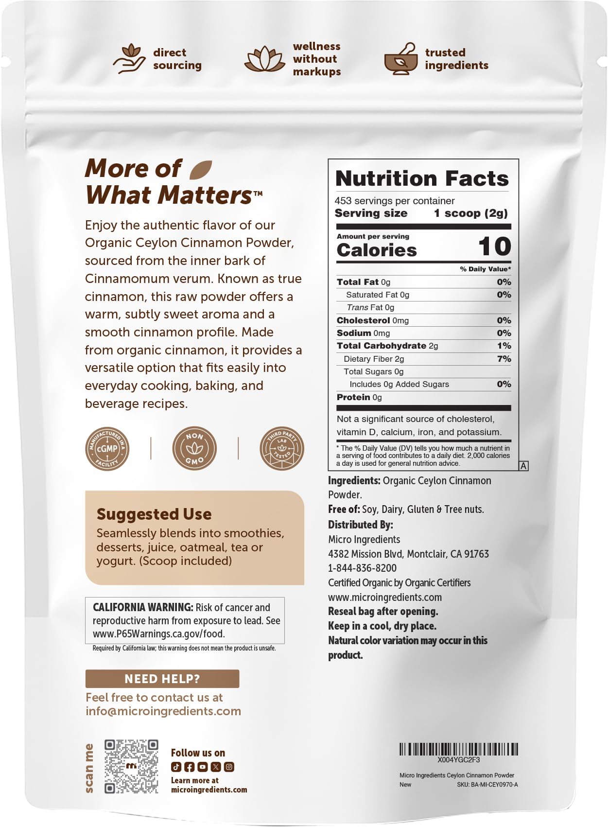 Micro Ingredients Organic Ceylon Cinnamon Powder, 8 oz | Sri Lanka Source | True Cinnamon for Spice & Seasoning | Great for Baking, Cooking, & Drinks | Additive Free, Non-GMO