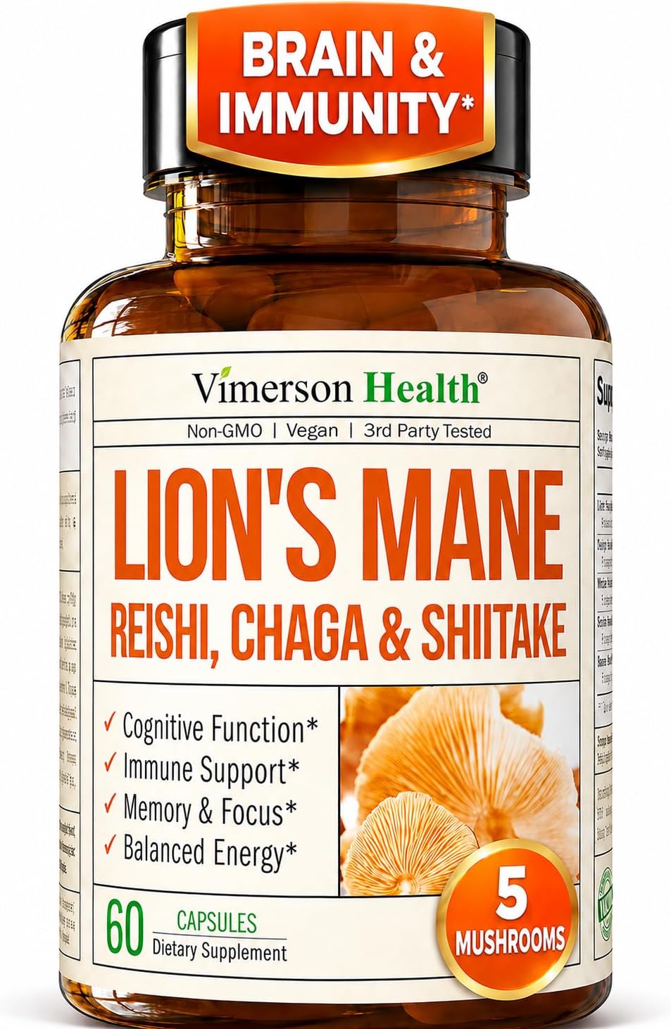 Lions Mane Supplement Capsules with Chaga, Reishi, Shiitake for Focus 60ct