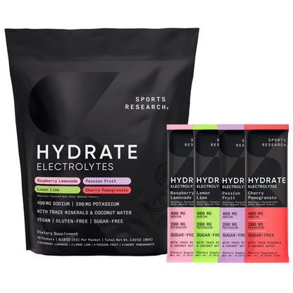 Sports Research® Hydrate Electrolytes Powder Packets - Sugar-Free & Naturally Flavored with Vitamins, Minerals, and Coconut Water - Supports Hydration - 16 Packets - Variety Pack | Sugar-Free