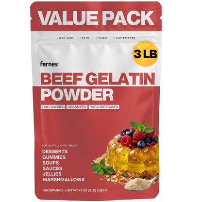 Fernes Beef Gelatin Powder (3 LB) Unflavored - Grass-Fed & Pasture-Raised, 225 Bloom Thickening Agent for Gummies, Marshmallows, Jellies, Desserts & Baking - Keto, Paleo, Non-GMO, Kosher, Gluten-Free