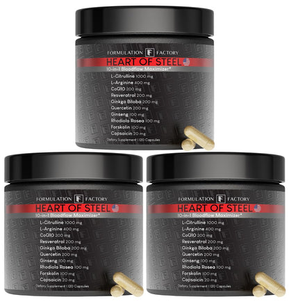 Formulation Factory Heart of Steel Nitric Oxide Supplements for Men & Women, Nitric Oxide Booster for Blood Flow & Circulation with L-Citrulline 1000mg, L-Arginine, CoQ10 & Resveratrol - 120 Capsules