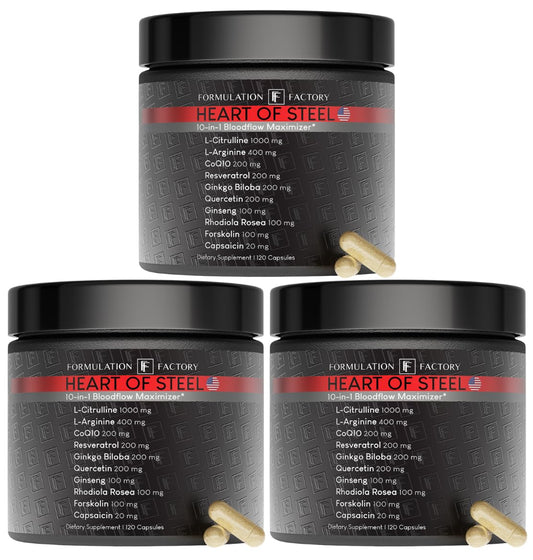 Formulation Factory Heart of Steel Nitric Oxide Supplements for Men & Women, Nitric Oxide Booster for Blood Flow & Circulation with L-Citrulline 1000mg, L-Arginine, CoQ10 & Resveratrol - 120 Capsules