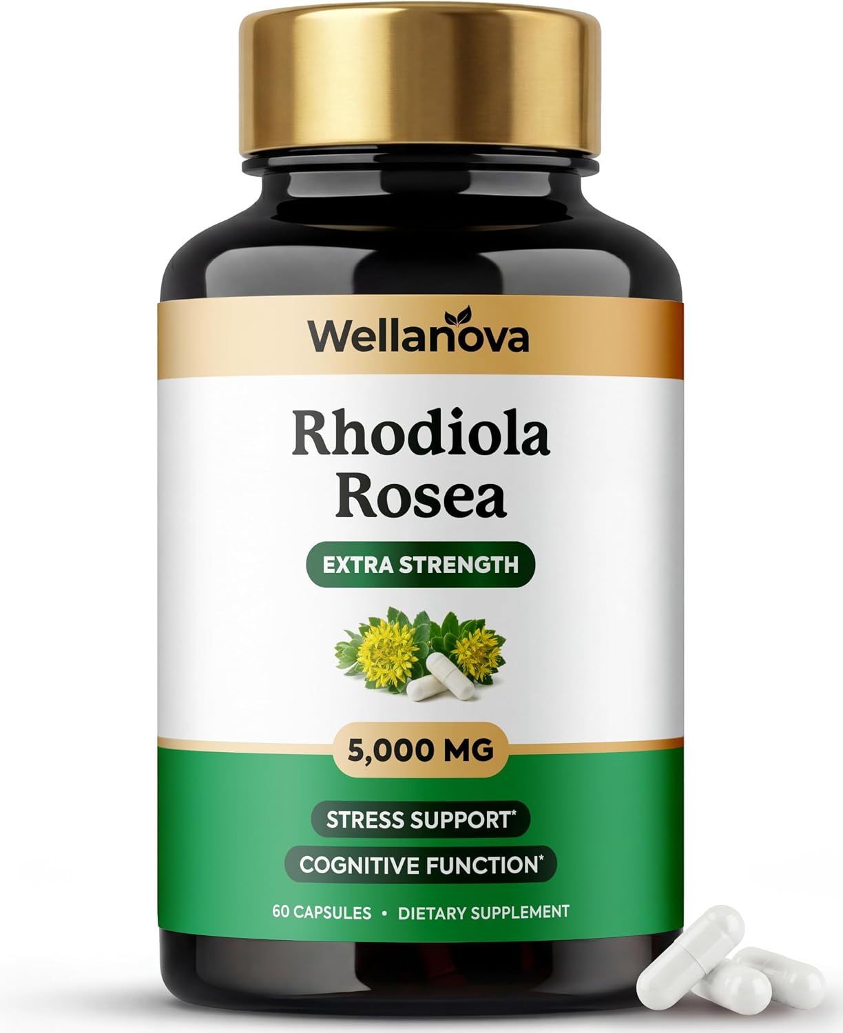 Rhodiola Rosea Supplement Capsules - Extra Strength 10:1 Root Extract 500 mg Equivalent to 5,000 mg Whole Rhodiola - Adaptogenic Herb for Stress Support & Cognitive Function - 60 Capsules
