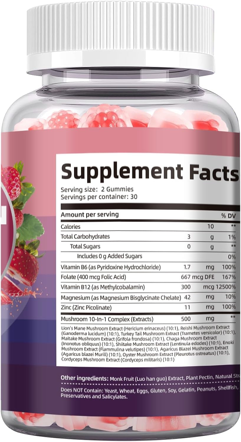 Migcopat Brain Supplements for Memory & Focus – Nootropic Gummies w/Bacopa, Lion’s Mane, Ginkgo & 10-in-1 Mushroom Complex, Mental Clarity & Cognitive Support, Caffeine-Free Strawberry Flavor 60 Cts