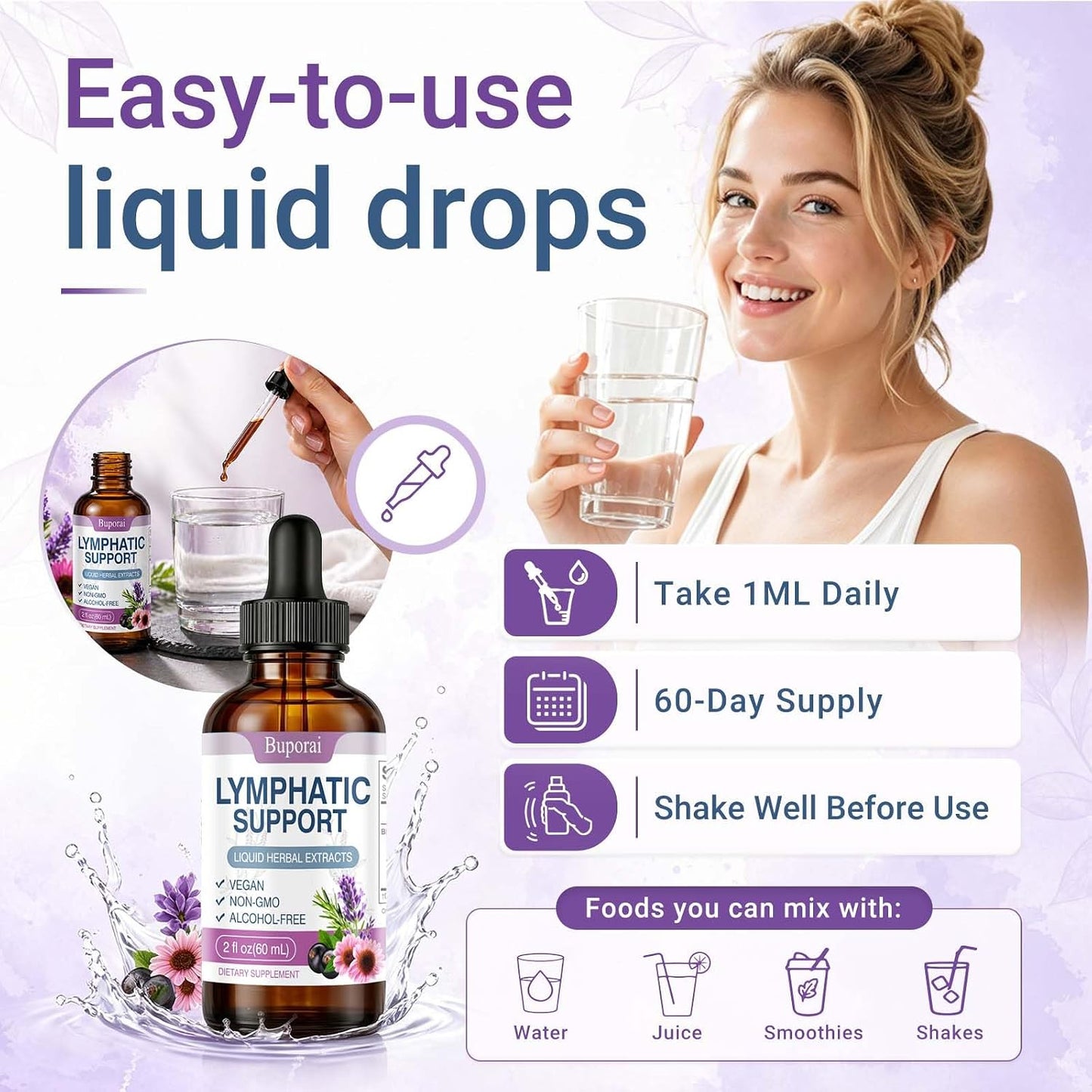Lymphatic Support Drops Liquid –Lymph Drainage for Women & Men, Herbal Blend with Echinacea, Elderberry & Thyme, Alcohol-Free Glycerin Extract, Immune & Detox Support, 2 fl oz (60 Servings) (1)