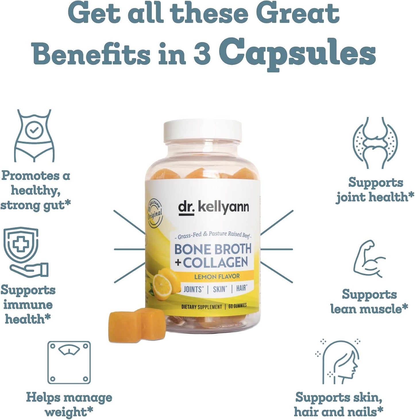 Dr. Kellyann Collagen + Bone Broth Gummies, Lemon | Gut, Skin, Joint & Hair Support | Grass-Fed Beef | Non-GMO, Dairy-Free, Soy-Free | 60 Gummies