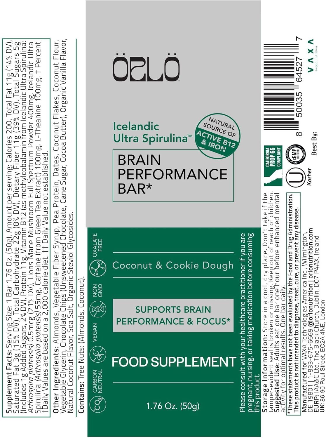 ORLO BRAIN PERFORMANCE BAR – Vegan Protein Bars for Brain & Energy Support – Focus & Memory, Pre & Post Workout Recovery – Gluten Free Snack with L-Theanine, Lions Mane, Spirulina & More (12 Bars)