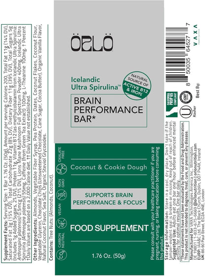 ORLO BRAIN PERFORMANCE BAR – Vegan Protein Bars for Brain & Energy Support – Focus & Memory, Pre & Post Workout Recovery – Gluten Free Snack with L-Theanine, Lions Mane, Spirulina & More (12 Bars)