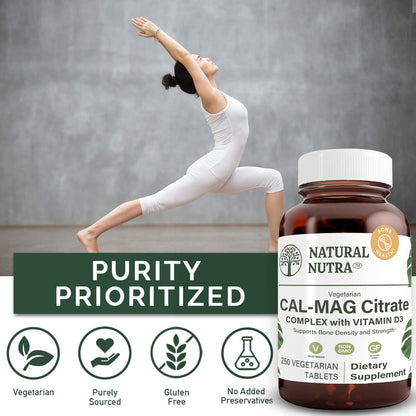 Natural Nutra Cal-Mag Citrate with Vitamin D3,1000/500 mg Complex, Strengthen Bone Density, Muscle and Nerve Health, Help Maintain Healthy Teeth, Highly Bioavailable Sources, 100 Vegan Tablets