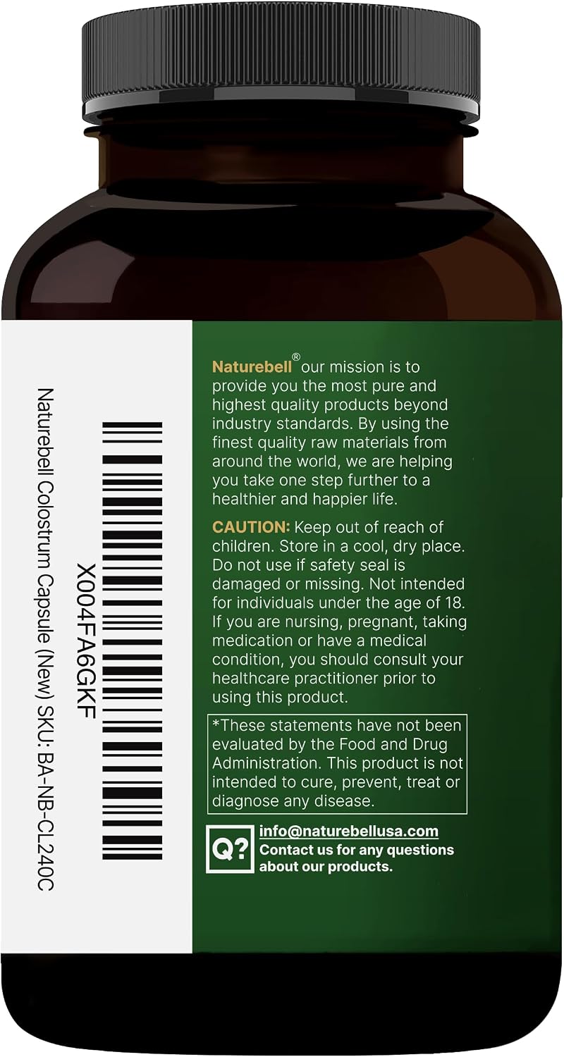 NatureBell Bovine Colostrum Supplement 1,000mg Per Serving, 240 Capsules | 40% IgG Colostrum Powder for Gut Health, Bloating, Skin, Hair & Immune Support – Non-GMO
