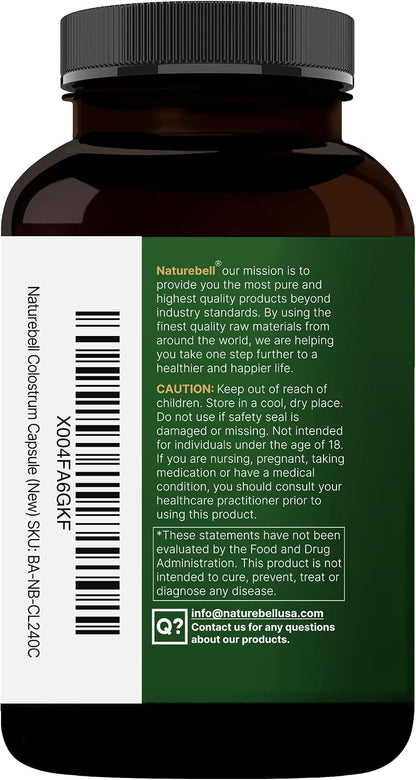 NatureBell Bovine Colostrum Supplement 1,000mg Per Serving, 240 Capsules | 40% IgG Colostrum Powder for Gut Health, Bloating, Skin, Hair & Immune Support – Non-GMO