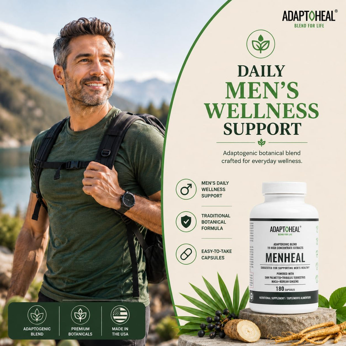 ADAPTOHEAL Menheal Prostate Support Saw Palmetto, Maca (180 Caps)