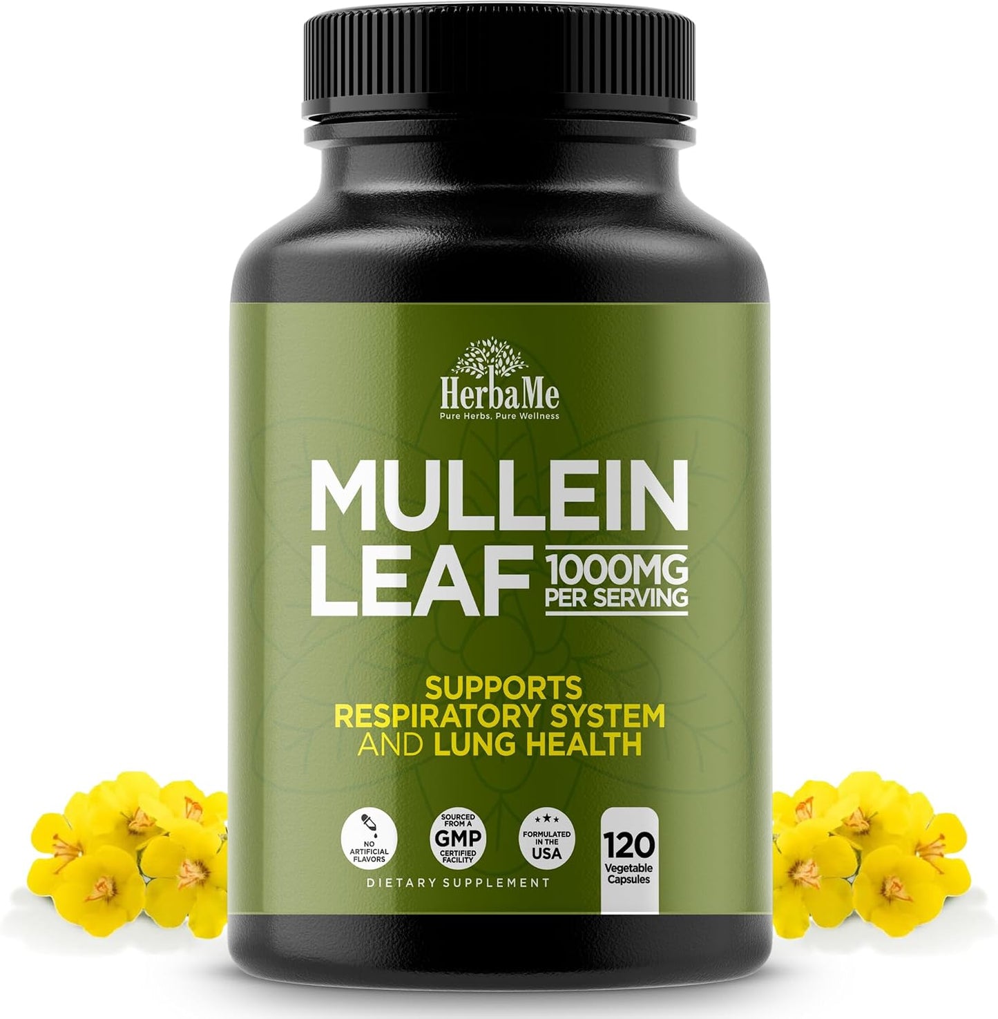 HerbaMe Mullein Leaf 1000mg, 120 Capsules - Daily Respiratory Support Supplement, Supports Breathing Comfort & Mucus Balance, Herbal Lung Support for Smokers, Men & Women