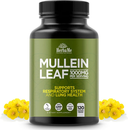 HerbaMe Mullein Leaf 1000mg, 120 Capsules - Daily Respiratory Support Supplement, Supports Breathing Comfort & Mucus Balance, Herbal Lung Support for Smokers, Men & Women