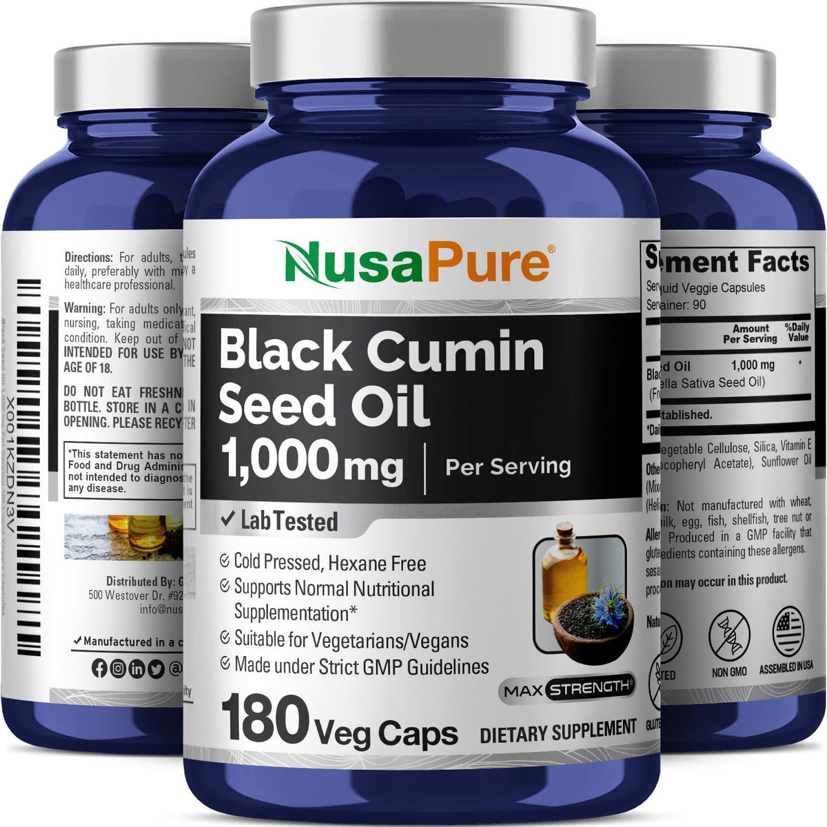NusaPure Black Seed Oil 1,000 mg per Serving 180 Softgel Capsules (Non-GMO, Vegetarian