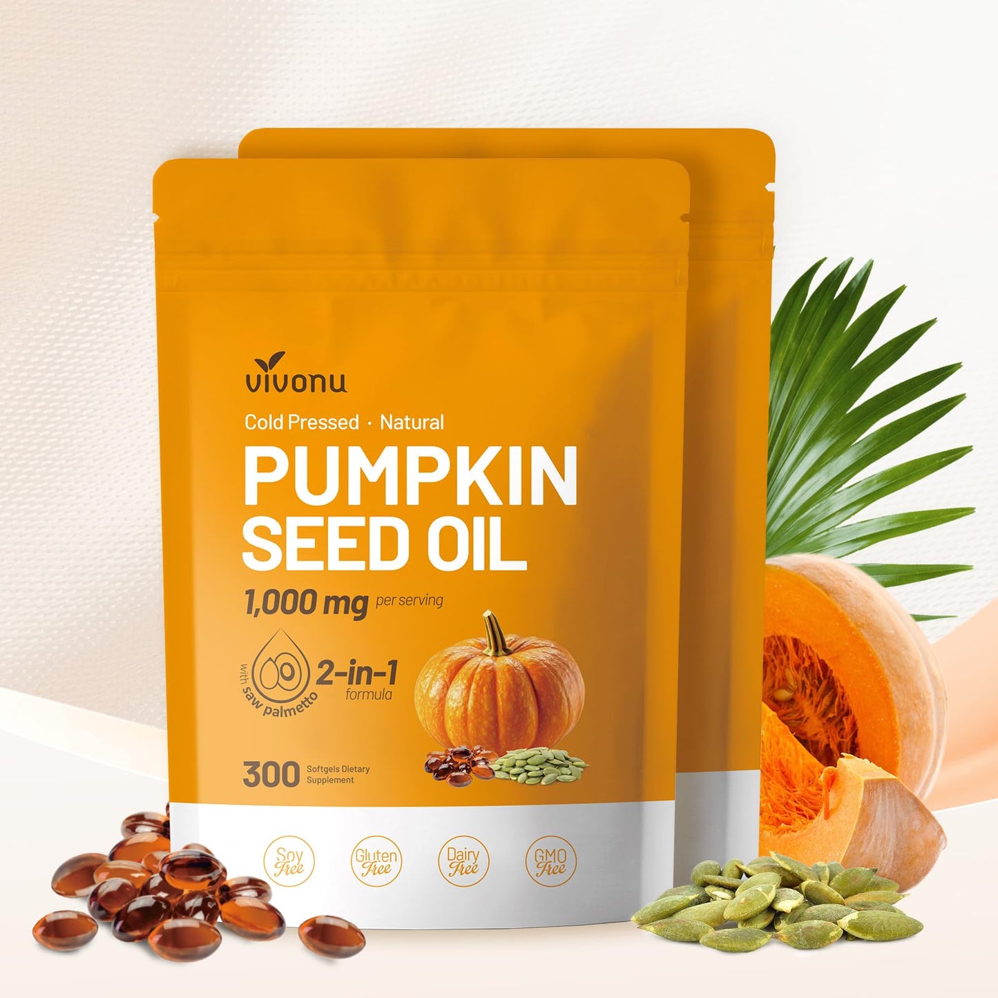 VivoNu Pumpkin Seed Oil with Saw Palmetto Capsules | Cold Pressed, Pure Virgin Oil, Essential Fatty Acids & Phytosterols | 300 SoftgelsSupports Hair, Urinary, Bladder & Prostate Health | Non-GMO