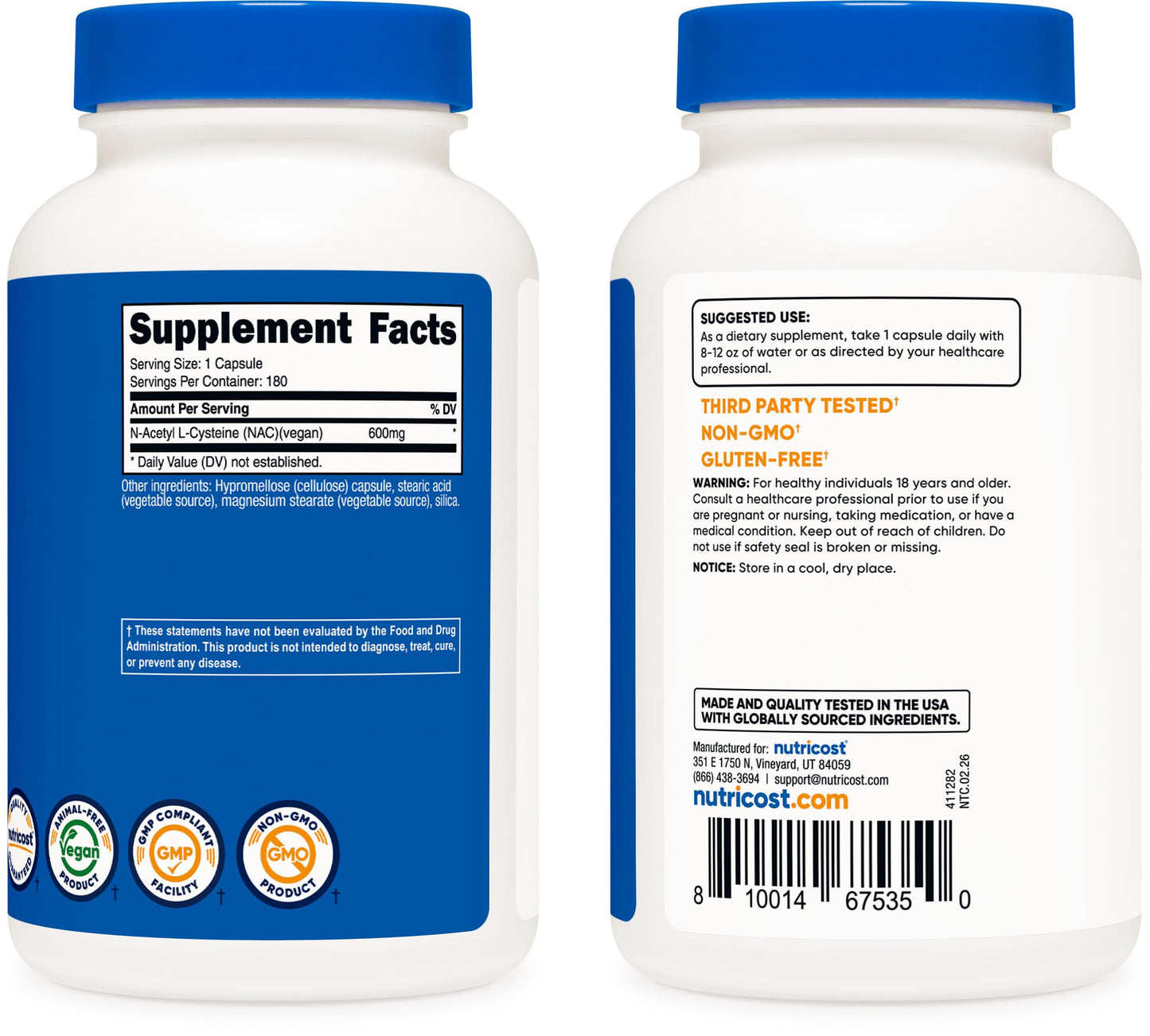 Nutricost N-Acetyl L-Cysteine (NAC) 600mg, 180 Capsules | GMO-Free And Gluten Free