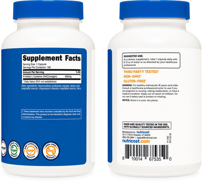 Nutricost N-Acetyl L-Cysteine (NAC) 600mg, 180 Capsules | GMO-Free And Gluten Free