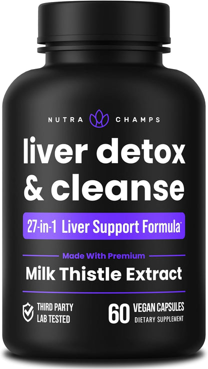 NutraChamps Liver Cleanse Detox & Repair Formula, 20+ Herbs: Milk Thistle Extract with Silymarin, Artichoke, Dandelion, Chicory Root Powder, Liver Support Pills Supplement, 60 Capsules