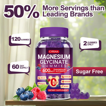 Magnesium Glycinate Gummies 600mg, Sugar Free Magnesium Gummies for Adults