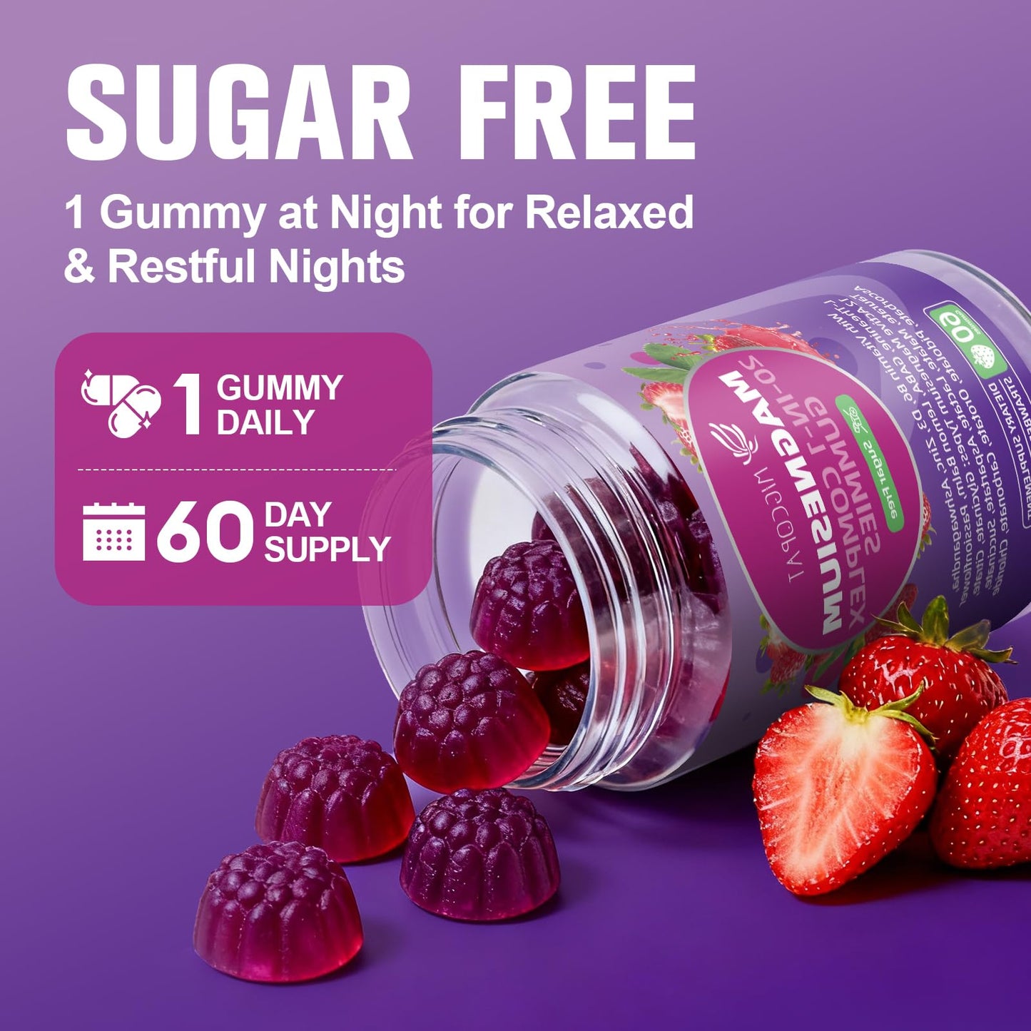 Migcopat Magnesium Complex 20 in 1 Magnesium Gummies with Glycinate Citrate Malate Taurate - Ashwagandha, L-Theanine, D3&Zinc for Relaxation, Sleep, Muscle&Heart Support, Strawberry, 60 Cts