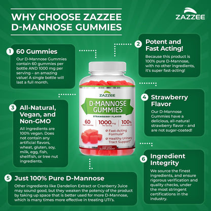 Zazzee D-Mannose, 1000 mg per Serving, 180 Vegan Capsules, 3 Month Supply, Potent & Fast-Acting, Certified Kosher, 100% Pure, All-Natural Urinary Tract Health Support, 100% Vegetarian, Non-GMO