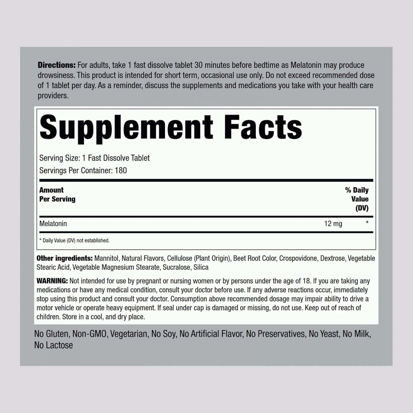 Piping Rock Melatonin 12 mg | 180 Fast Dissolve Tablets | Berry Flavor | Non-GMO, Gluten Free Supplement