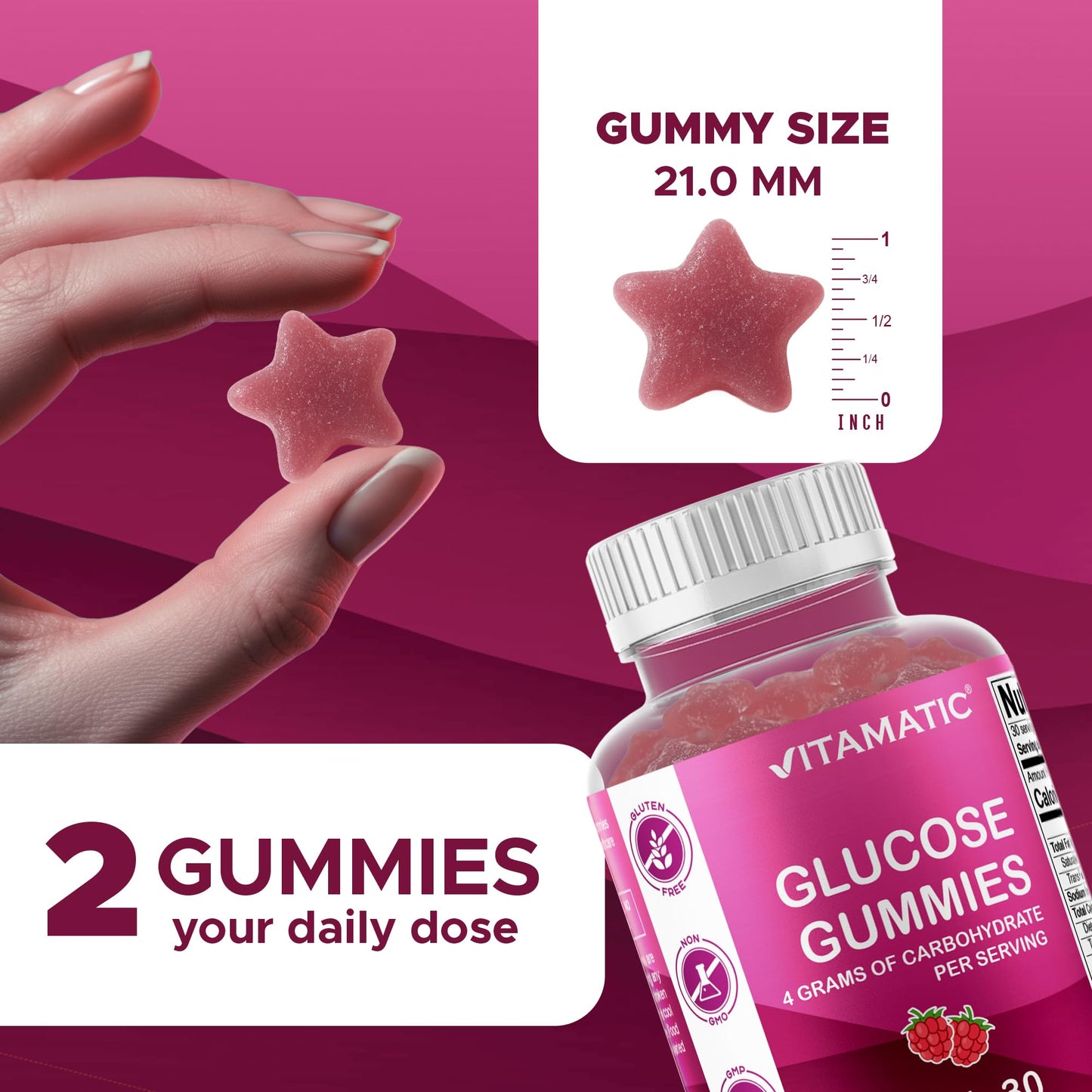 Vitamatic Glucose chewable Gummies - 60 Count - Natural Raspberry Flavor - 4G of Carbohydrate per Serving (1 Bottle) | 4 g Carbohydrates per Serving, Pectin-Based, Gluten Free, Non GMO