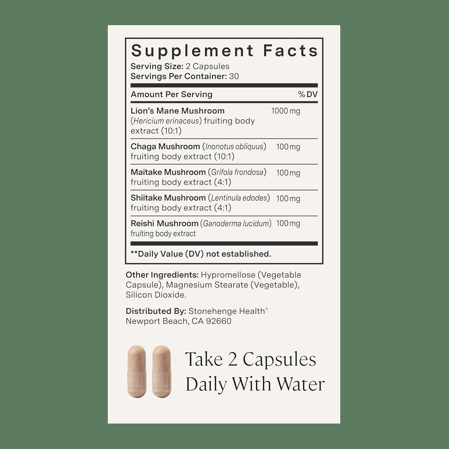 Stonehenge Health Dynamic Mushrooms 1,400 mg Per Serving, 5 Mushroom Complex (Lion’s Mane, Reishi, Chaga, Maitake, Shiitake) 100% Fruiting Bodies, No Mycelium – Brain, Memory & Immune Support 60 Caps