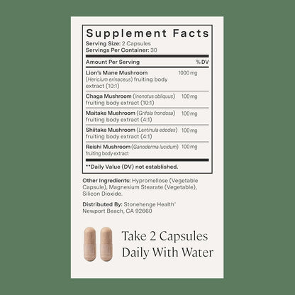 Stonehenge Health Dynamic Mushrooms 1,400 mg Per Serving, 5 Mushroom Complex (Lion’s Mane, Reishi, Chaga, Maitake, Shiitake) 100% Fruiting Bodies, No Mycelium – Brain, Memory & Immune Support 60 Caps