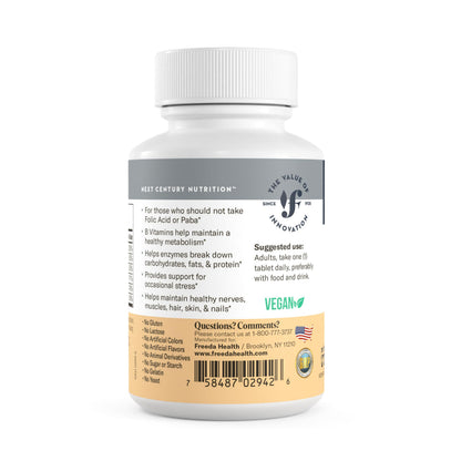 FREEDA Super B-Complex Vitamin Supplement – No Folic Acid or PABA, 100ct | Supports Energy, Metabolism, & Cellular Function – Balanced B Vitamins for Men & Women – Kosher, Vegan, Gluten-Free, USA Made
