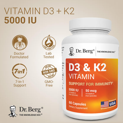 Dr. Berg Maximum Strength 7-in-1 Vitamin D3 K2 5000 IU | Naturally Derived D3 | 4X Lab-Tested & Verified | High Absorption Formula | K2 D3 Vitamin Supplement | 60 Capsules
