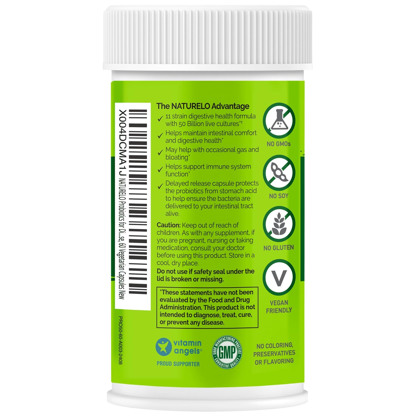 NATURELO Probiotics for Digestive Health, 50 Billion CFU, 60 Vegetarian Capsules, 11 Strains, Daily Use Supplement, Delayed Release, No-Fridge, Boosts Immune System, Probiotics for Women & Men