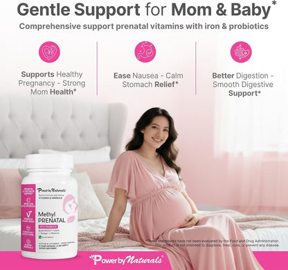 Power By Naturals Methyl Prenatal with Probiotics – Prenatal Vitamins for Women with Iron, Methyl Folate, B12 & 28 Nutrients & Botanicals – Vegan, Non-GMO, Gluten-Free – 60 Capsules (1-Month Supply)