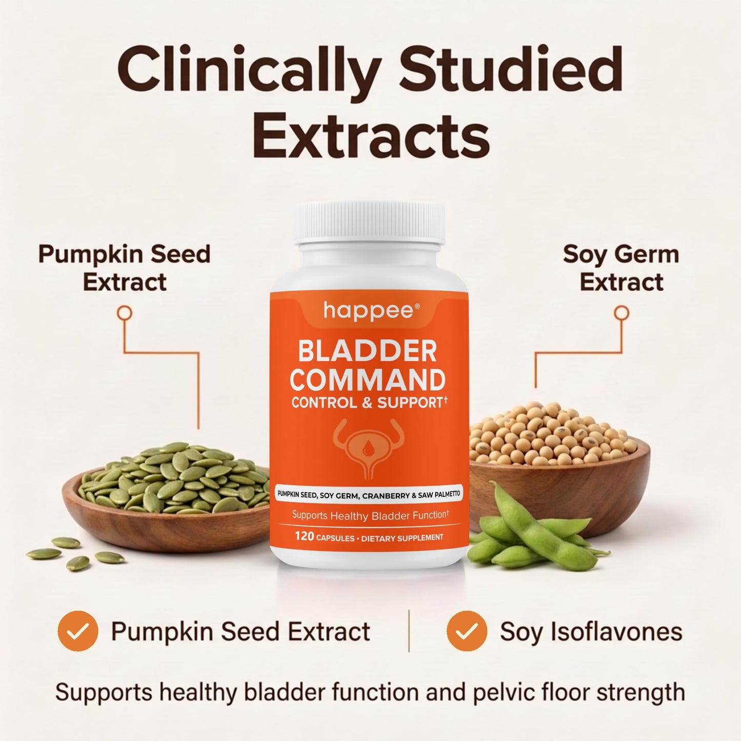 Happee Bladder Control Supplement for Women & Men - Pumpkin Seed Extract, Soy Germ, Saw Palmetto & Cranberry Blend - Bladder Support for Urinary Frequency, Leaks & Urgency - 60 Capsules
