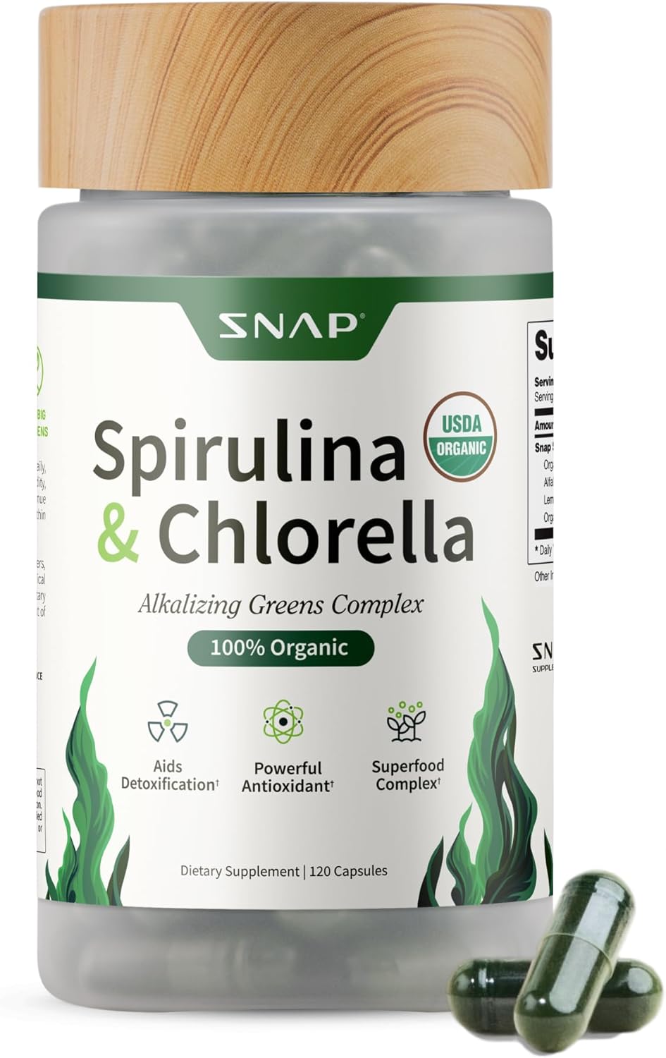 Snap Supplements USDA Organic Spirulina and Chlorella, 120 Vegan Capsules | Certified Organic Protein Rich Blue Green Algae Superfood Supplement for Energy and Immune Support, Non-GMO 30 Day-Supply