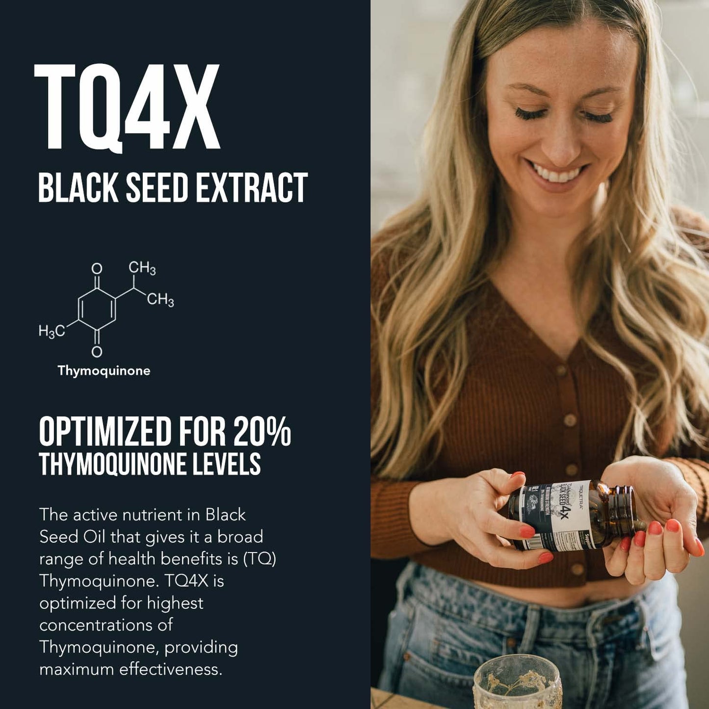 20% Thymoquinone Black Seed Oil Extract Capsules - TQ-Advanced 4X®: Potent Thymoquinone Concentration Available - 60:1 Concentrate from Nigella Sativa, Raw Form, Vegan, Glass Bottle (120 Capsules)