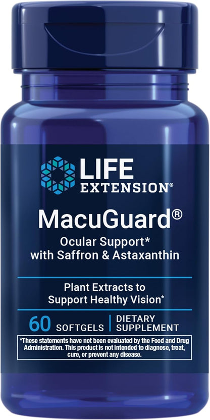 Life Extension MacuGuard Ocular Support with Saffron & Astaxanthin – Eye Health Supplement for Healthy Vision – with Lutein, zeaxanthin, Meso-zeaxanthin – Gluten-Free, Non-GMO – 60 softgels | For Eye Health, Healthy Vision with Lutein, Zeaxanthin, Meso-Ze