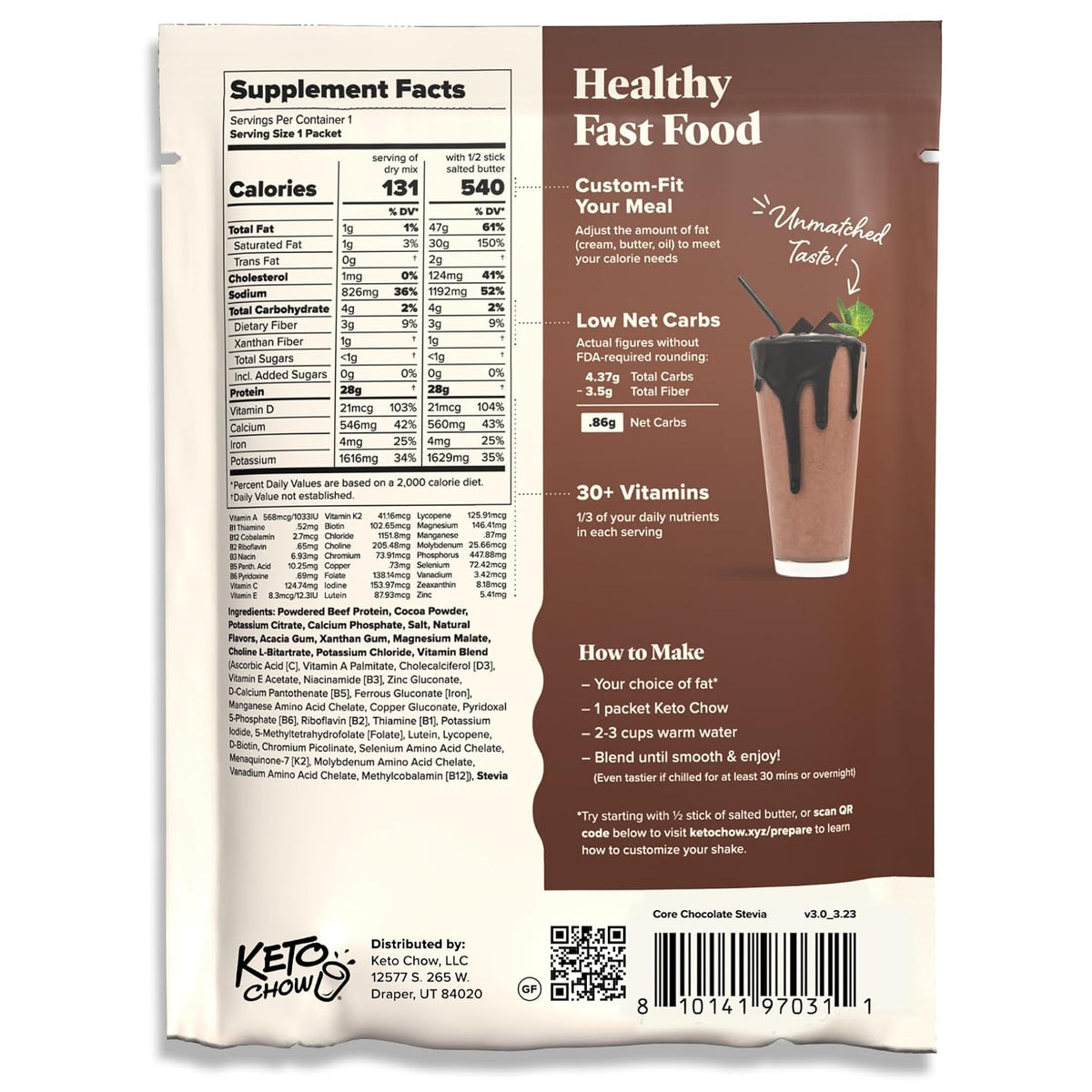 Keto Chow Chocolate CORE with Stevia Meal Replacement Shake Powder, 1 Meal